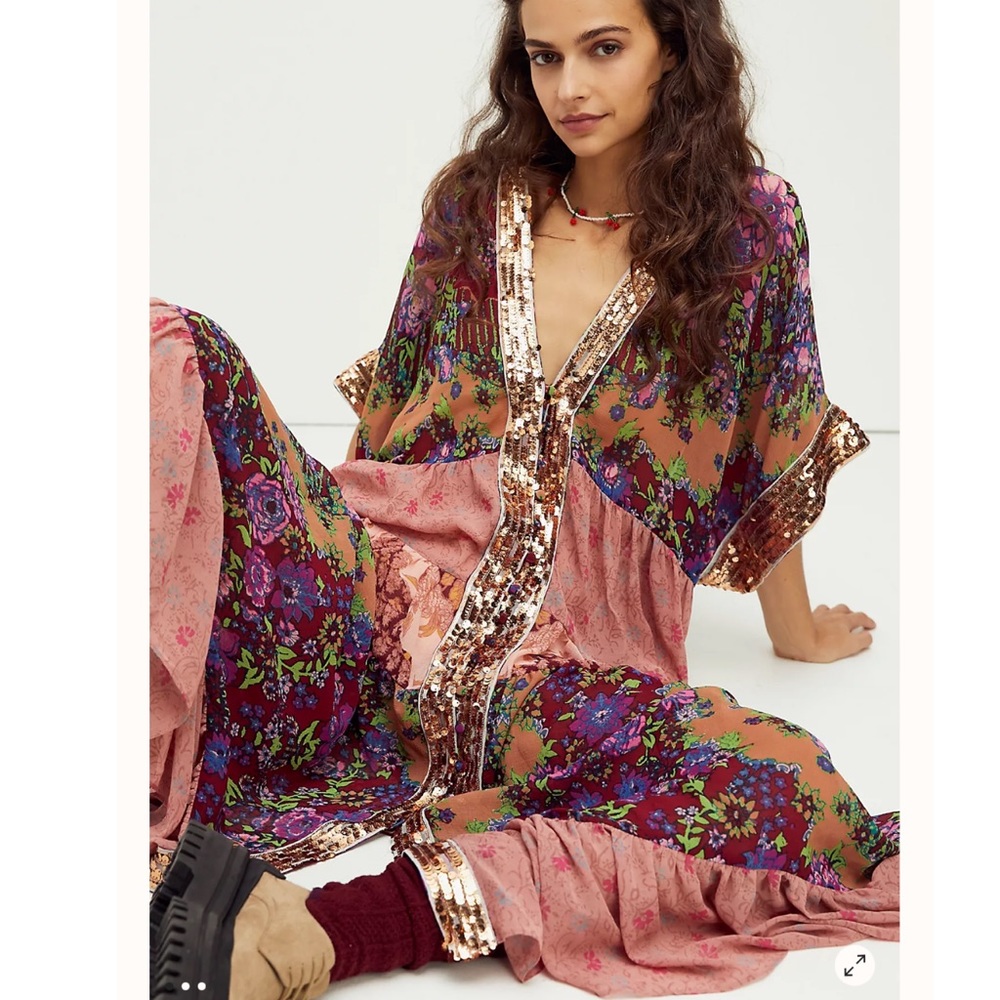 Rare Free People One Fine Day Embellished colorful Printed Duster Maxi Dress